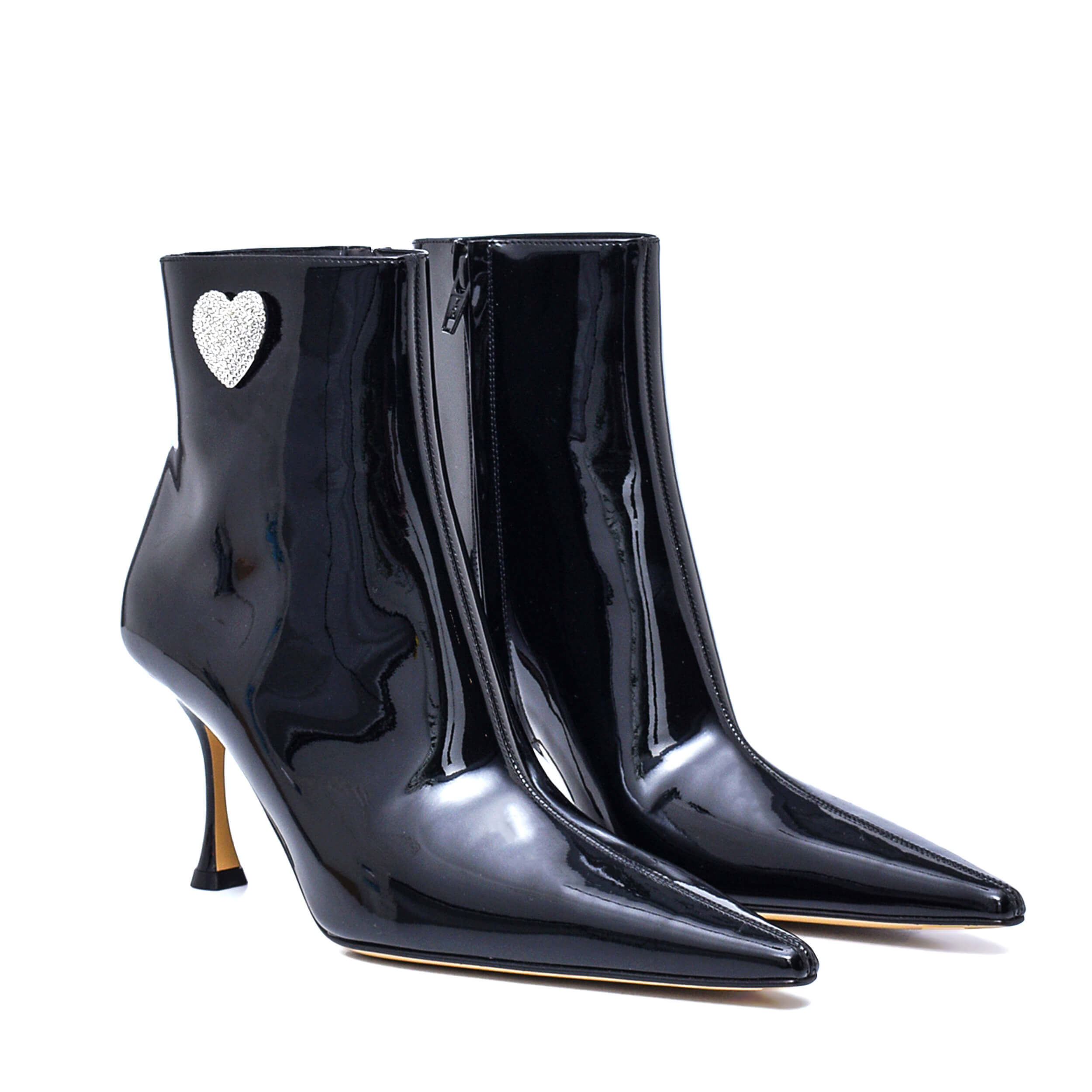 Mach & Mach - Black Patent Leather Crystal Hearts Boots / 38